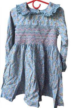 next Blue Floral Smocked Long Sleeve Dress